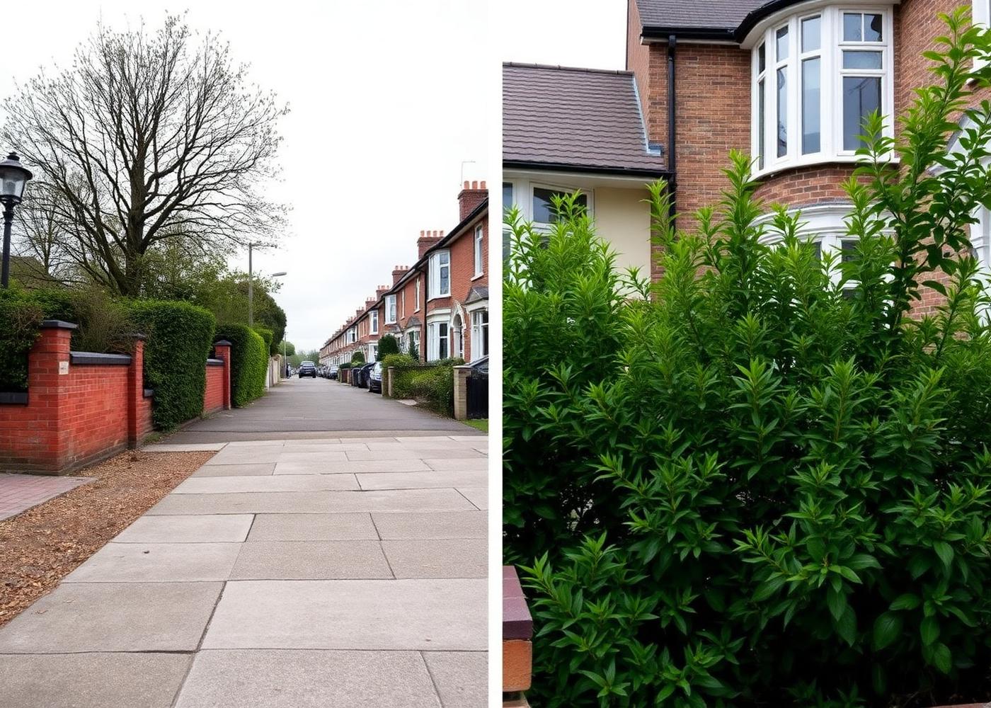 A Brighton street with a bare paved frontage on one side and a dense green planted garden on the other