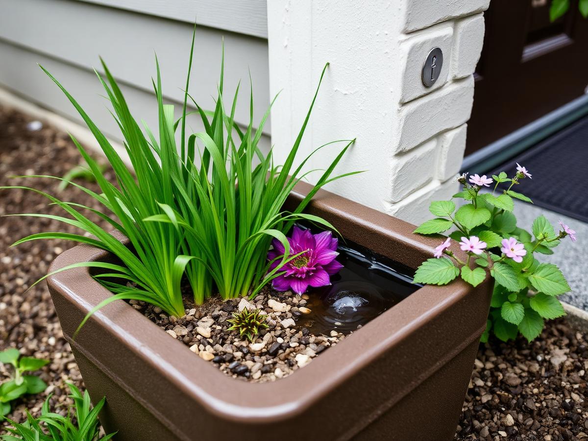 A rain planter of sedges and flowers beside a house wall, wet after rain